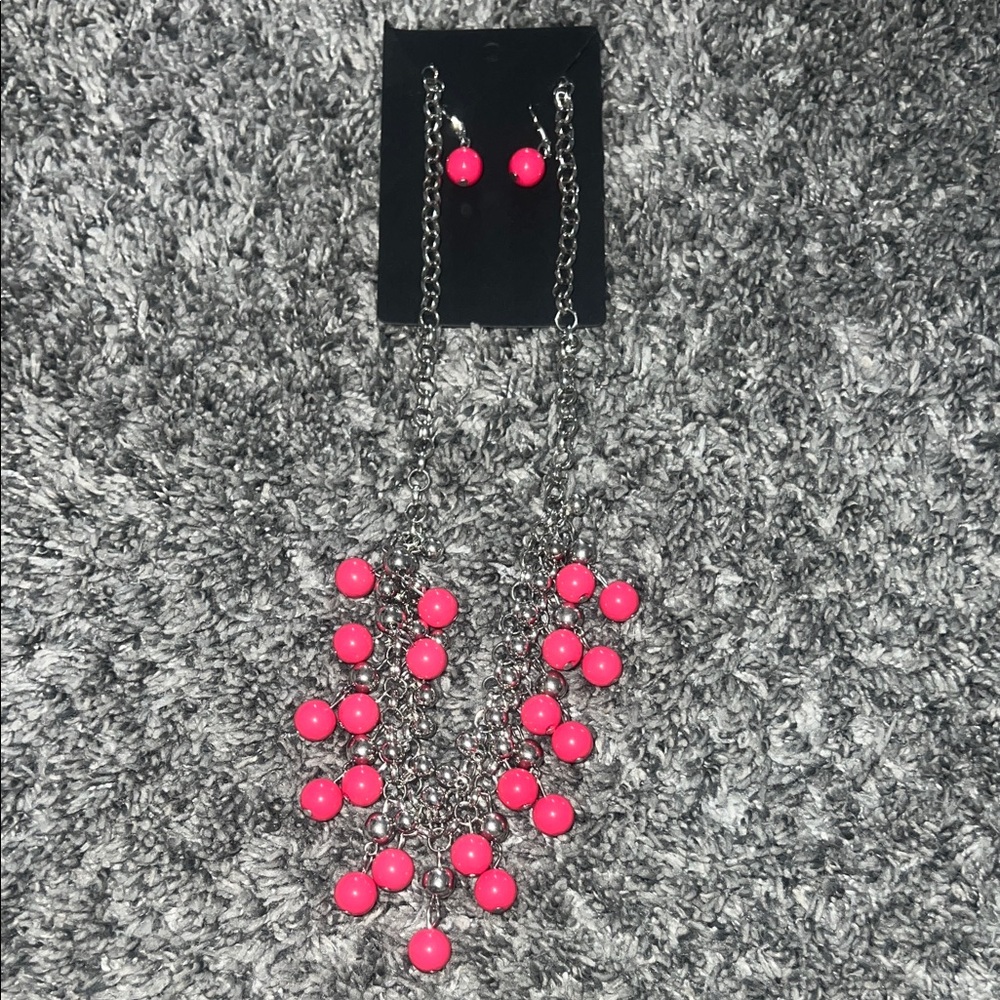 Silver and pink Beaded Necklace and Earring Set